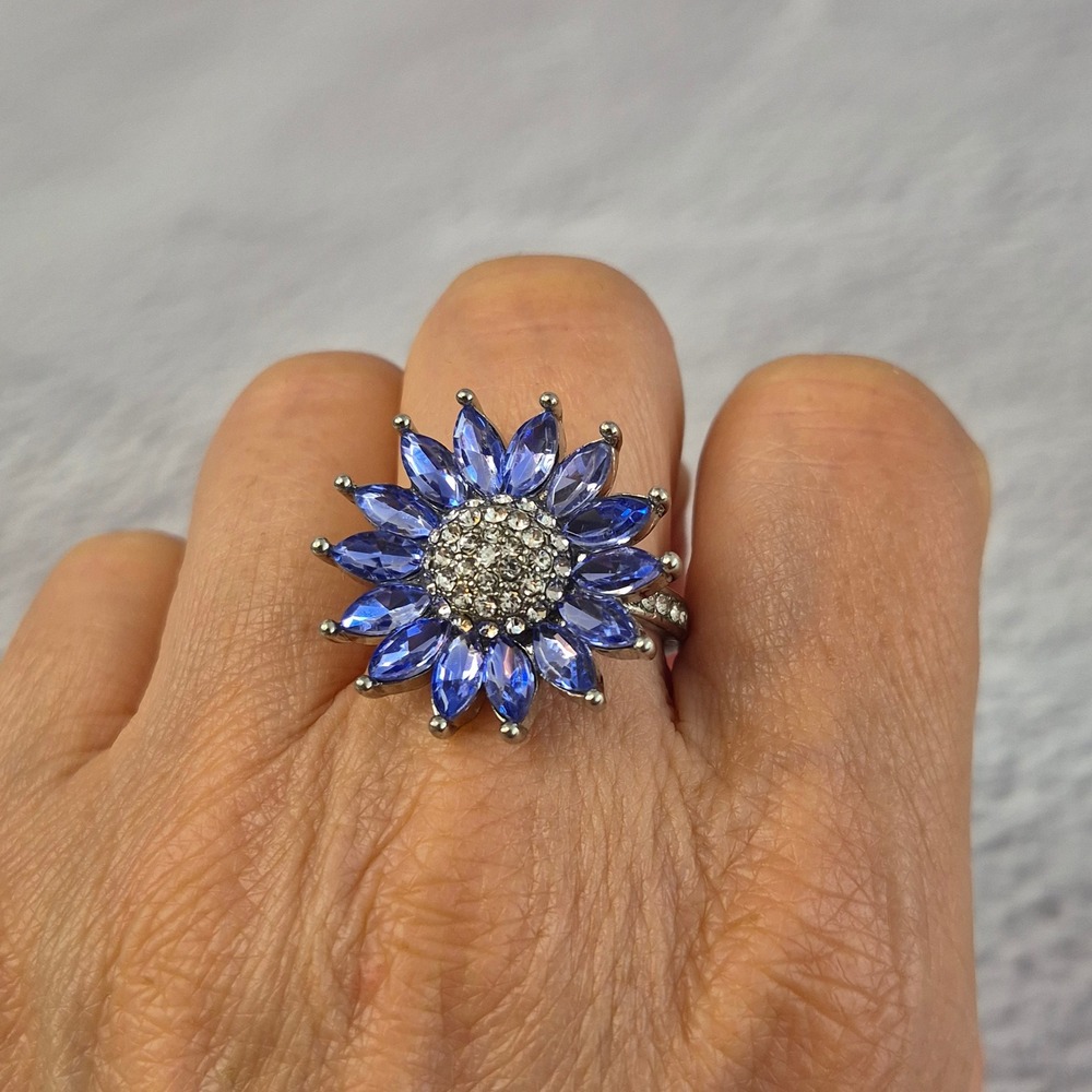 Sunflower Cocktail Ring Purple Blue Crystal Silver Tone Floral Statement‎ Size 9
